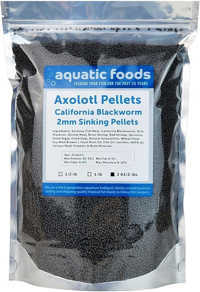 Aquatic Foods Inc. Axolotl Blackworm Pellets. 2mm-1/16 Sinking California Blackworm Small Pellets for Small Axolotl, Frogs, Shrimp, Salamanders, Newts, Snails…2 & 1/2-lbs Pouch Bag