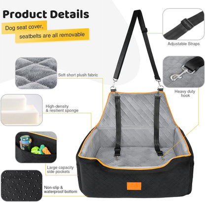 Dog Car Seat for Large/Medium Dog, Booster Seat for Dogs Under 55Lbs or 2 Small, Detachable and Washable Travel Pet Seat with Thick Cushion and Storage Pockets (Black/Gray)