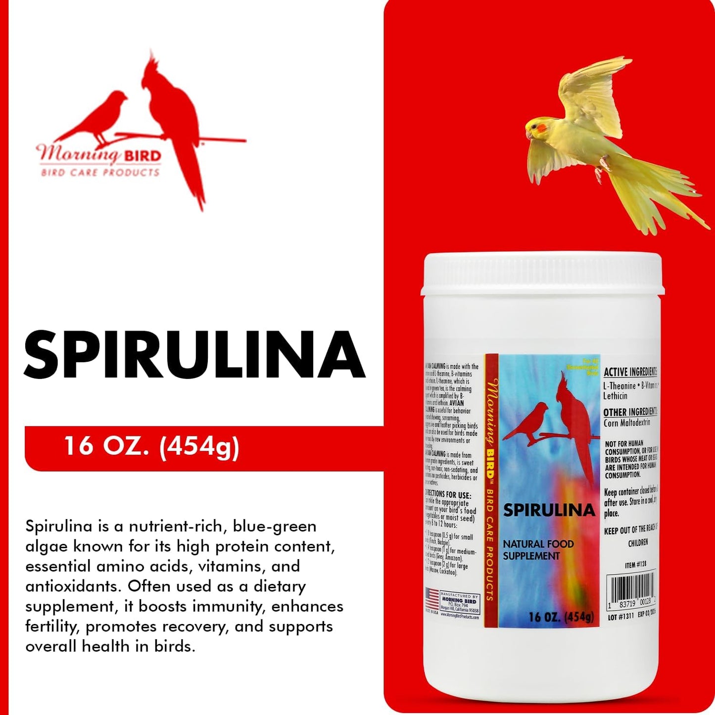 Morning Bird Spirulina, Supplement for Caged Birds, Organic Bird Food Supplement with Vitamins, Proteins, and Amino Acids for Parakeets, Cockatiels, Budgies, Finches, Canaries, and Parrots, 16 oz