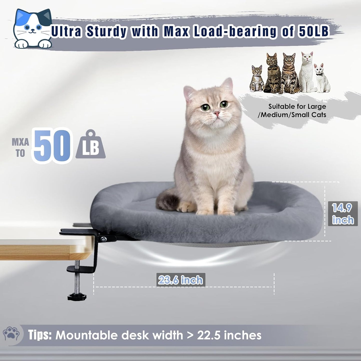 IPOW Heavy Duty Steel Frame Supports up to 50lbs Cat Desk Bed & Perch Space-Saving 90°Foldable with Soft Ultra-Plush Faux Fur for Small Medium Large Cats