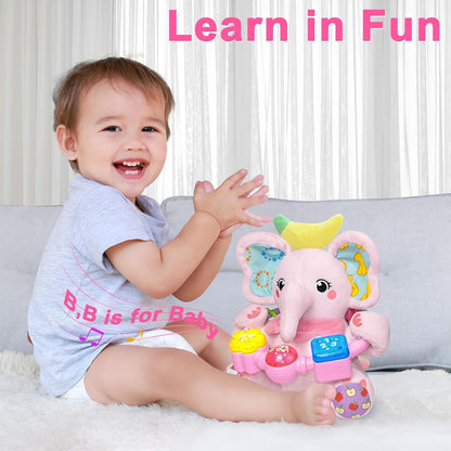 Baby Elephant Musical Stuffed Animals Toy with Light-Up Music & Crinkle Sound Paper,Infant Bilingual Early Learning Education Toys,Tummy Time Toys for 0-3-6-12+ Months Boy Girl, Pink
