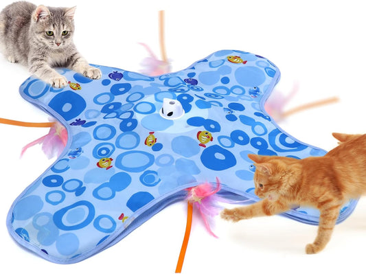 DFQ Interactive Cat Toys Chargeable, 2 in 1 Automatic Hide and Seek Cat Toys with Moving Concealed Feather Hidden in Bag,Touch Activated Cat Kitten Toys for Indoor Bored Adult Cats,Blue