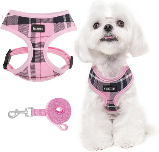 SCENEREAL Puppy Dog Harness with Leash Set for Small Medium Sized Dogs, Soft Mesh Step in Pet Harnesses and Leash, No Chock Plaid Adjustable No Pull Vest for Dogs Cats, Chihuahua,Bulldog (Pink XS)