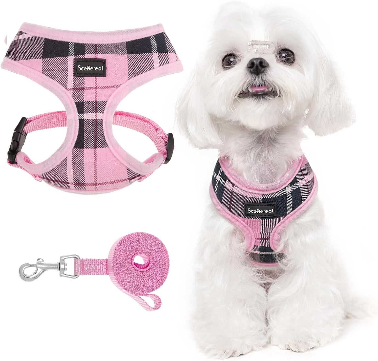SCENEREAL Puppy Dog Harness with Leash Set for Small Medium Sized Dogs, Soft Mesh Step in Pet Harnesses and Leash, No Chock Plaid Adjustable No Pull Vest for Dogs Cats, Chihuahua,Bulldog (Pink S)
