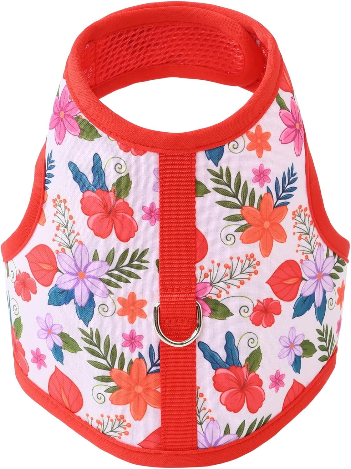 Mile High Life Dog Harness, Air Mesh Floral Vest Harness for 20 lbs Small Dogs & Cats, Easy Get on Adjustable Easy Closures Both Neck and Chest(Red Flower, XS Chest 14"-16")