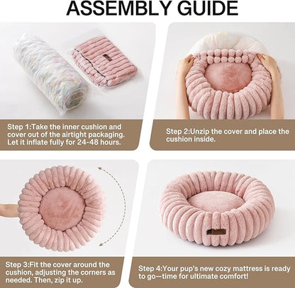 MEWOOFUN Donut Dog Beds for Small Dog, Calming Bed Round Cute Puppy Bed with Non-Slip Bottom, Fluffy Washable Pet Bed for Puppy and Kitten (Pink, M (30x30x8))