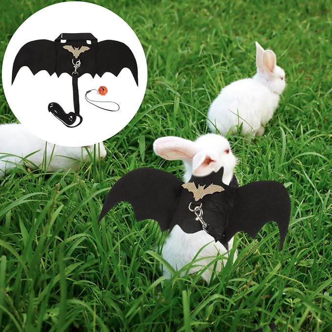 Bunny Harness and Leash Set with Bell - 3pcs Halloween Rabbit Pulling Bat Wings Pet Suit for Guinea Pig Hamster Small Animals Apparel Chest Strap Walking Training Traction Rope Vest