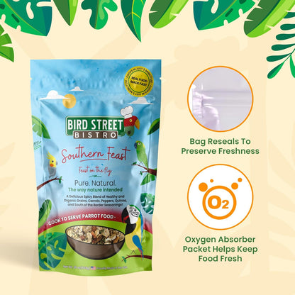 Bird Street Bistro Parrot Food for Parakeets & Cockatiels - Southern Feast - 20 oz - Cooks in 3-15 min, Natural & Organic Grains, Fruits & Vegetables - USA Made