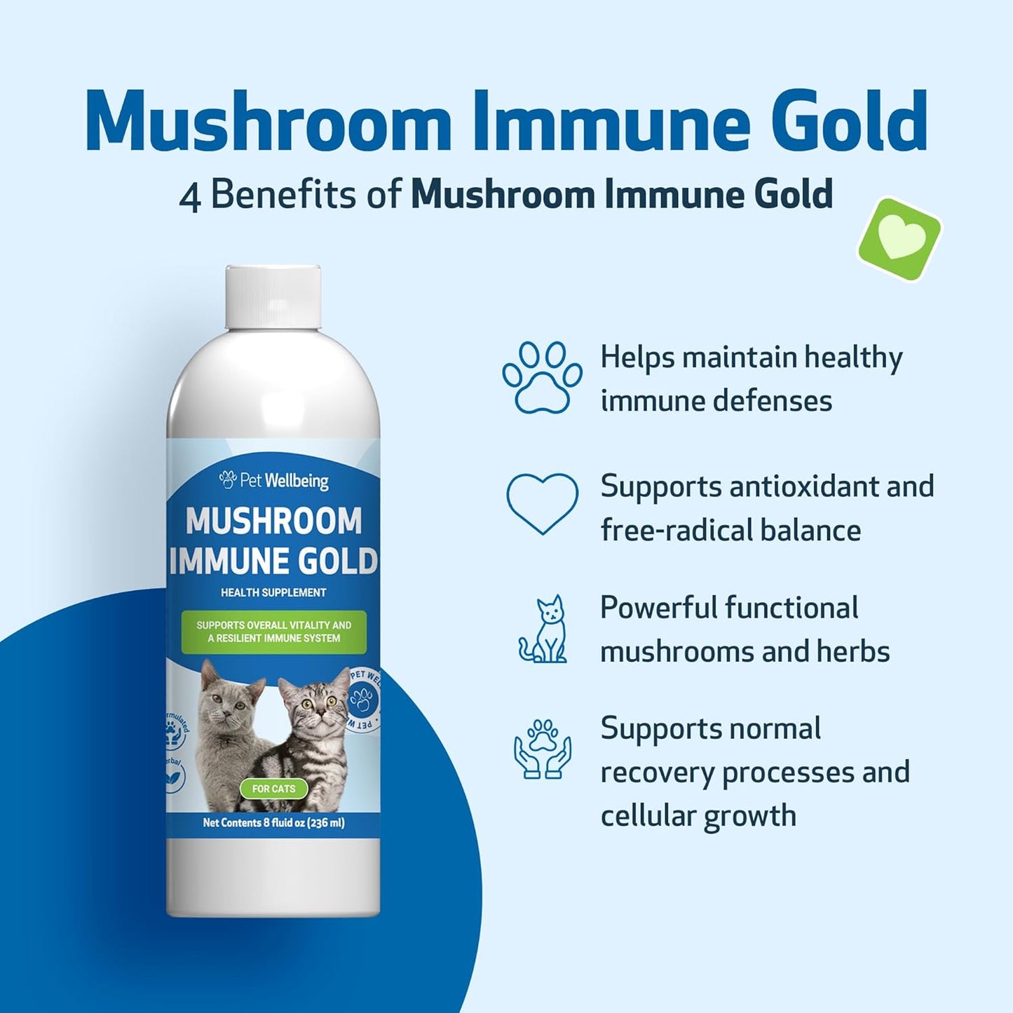 Pet Wellbeing Mushroom Immune Gold for Cats - Vet-Formulated - Immune Support with Reishi, Maitake, Turkey Tail, and Milk Thistle - Complementary Functional Mushroom Supplement 8 oz (237 ml)