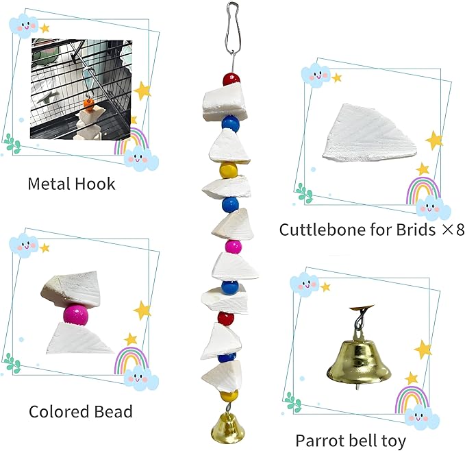 4-Pack Bird Chew Toys with Calcium Cuttlebone & Grinding Stone - for Parakeets, Budgies, Cockatiels & Lovebirds, Easy to Install, Promotes Beak Health & Prevents Destructive Chewing