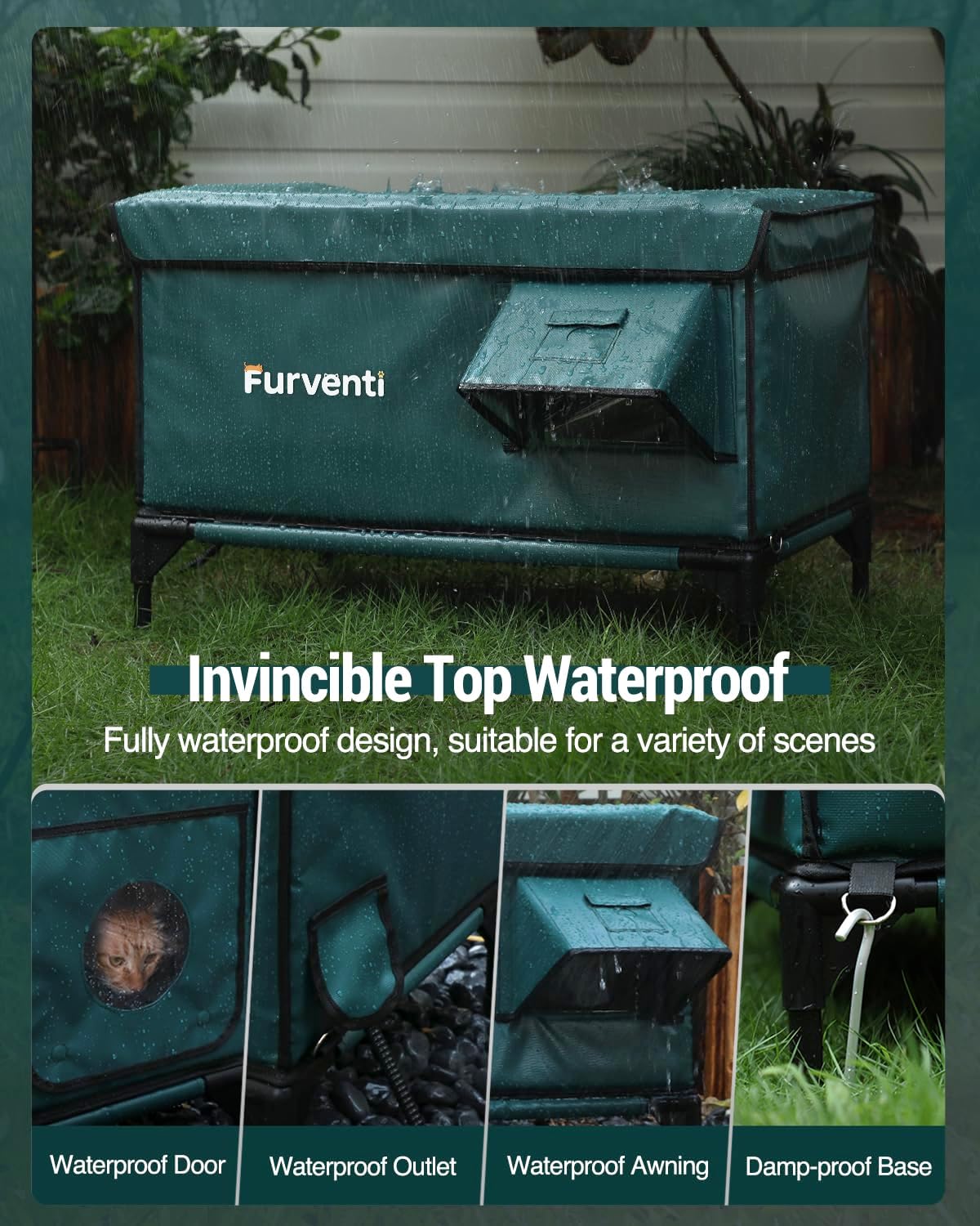 Outdoor Heated Cat House in Winter,Extremely Insulated & Weatherproof,Elevated Feral Cat Shelter with Waterproof Eaves & Escape Door for Outside Stray Barn Cat (Dark Green, XL)