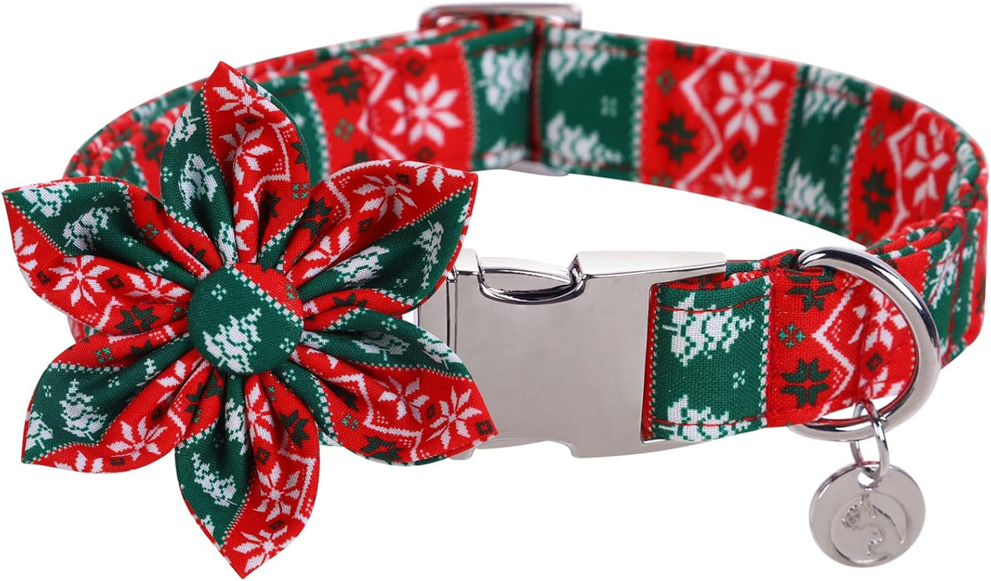 DOGWONG Christmas Dog Collar with Flower, Red Green Strip Snowflake Dog Collar Soft Durable Adjustable Cotton Puppy Collar for Small Medium Large Dog