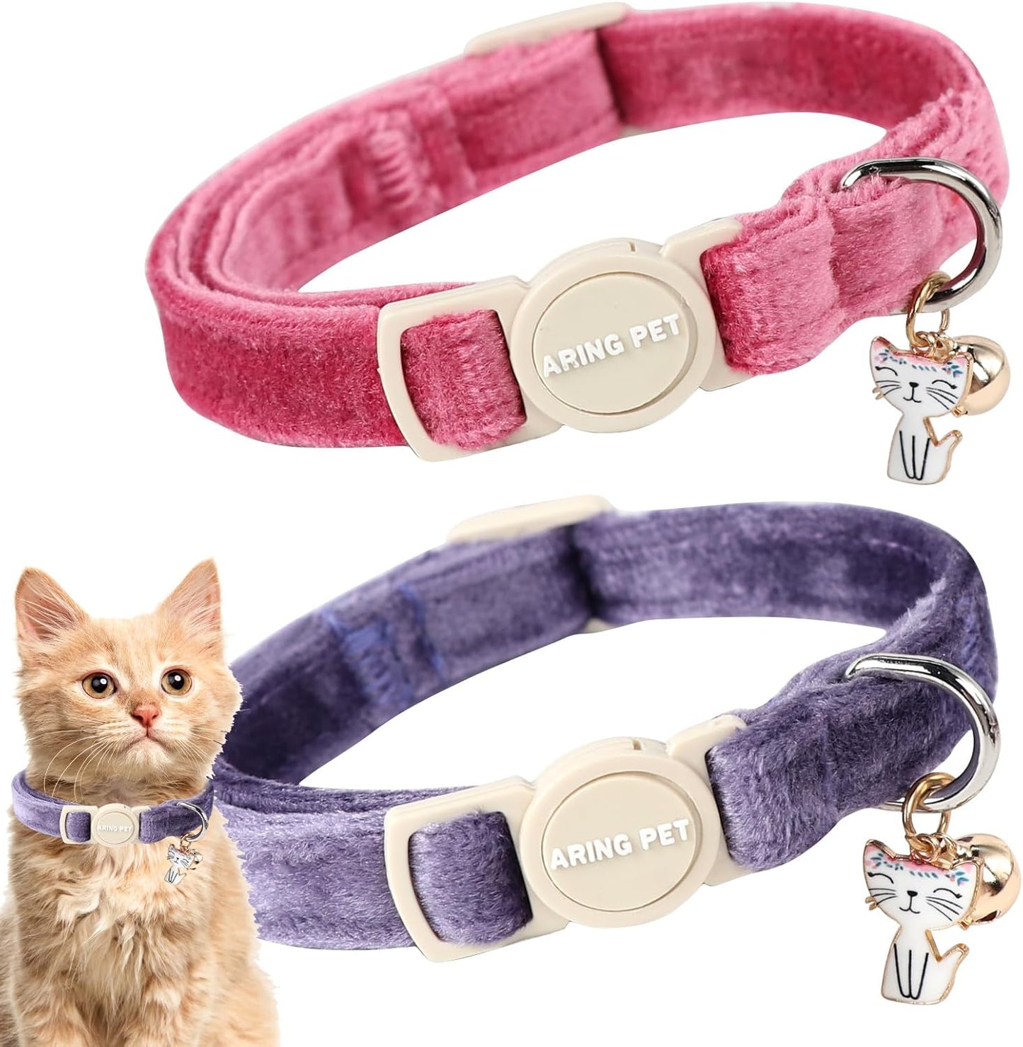 ARING PET 2 Pack Cat Collars-Cute Breakaway Cat Collar with Bell & Pendant, Adjustable Velvet Purple&Rose Red Kitten Collars with Safety Buckle for Girl and Boy Cats