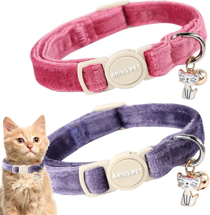 ARING PET 2 Pack Cat Collars-Cute Breakaway Cat Collar with Bell & Pendant, Adjustable Velvet Purple&Rose Red Kitten Collars with Safety Buckle for Girl and Boy Cats