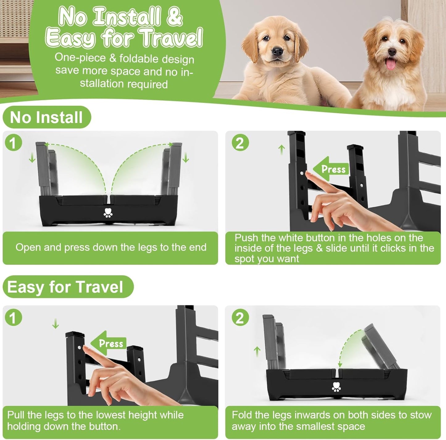 Elevated Bowls with Adjustable Heights - Raised Stand with 2 Stainless Steel Food Bowls, Non-Slip Foldable Feeder for Medium Large Dogs, Adjusts to 12.36", 10.75", 9.2", 3.7", Black