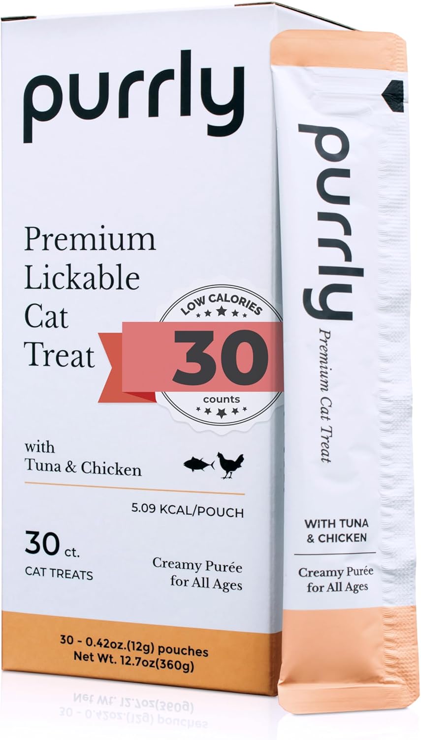 Purrly Cat Treat Topper Lickable Wet Squeezable Healthy Human-Grade Tuna & Chicken Breast with Prebiotic and Dietary Fiber for Indoor Cats (30 Count) Grain-Free Non-GMO No-Preservatives