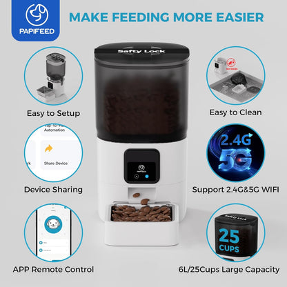 PAPIFEED 5G WiFi Automatic Cat Feeders: Smart Automatic Cat Food Dispenser with Slow Feeding Mode, Detachable for Easy Cleaning, Pet Feeder with Alexa, 1-30 Meals Per Day for Multiple Pets (6L/25 Cup)