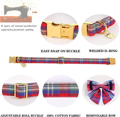 DOGWONG Cotton Dog Collar with Bowtie, Stylish Christmas Red Plaid Dog Collar Adjustable Puppy Necklace for Small and Medium Dogs