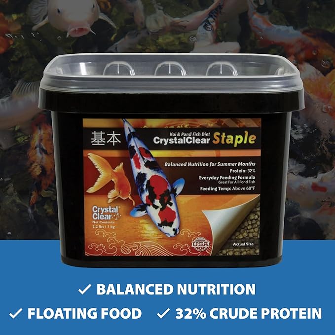 CrystalClear Staple Pond Fish Food for Healthy Koi & Goldfish, Protein Packed Floating Pellets for Summer Nutrition, Easy Digestion, 8.8 Pound Bucket