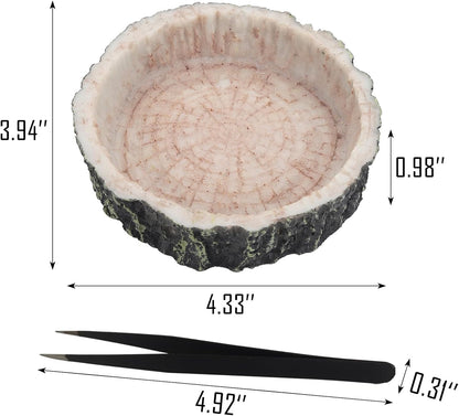 IBWell 2pcs Reptile Water Bowl with Feeding Tweezers - Reptile Food Dish for Lizard, Snake, Tortoise & Small Animals - Wooden Tree Stump