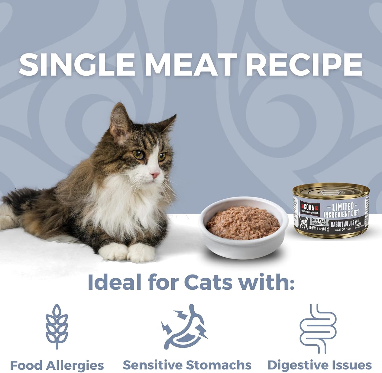 KOHA Limited Ingredient Diet Rabbit Pate for Cats - Single Meat Wet Cat Food for Sensitive Stomachs - *New Batch 2025, Improved, Smooth Texture* - Pate Cat Food, No Fillers - 3oz Pack of 24