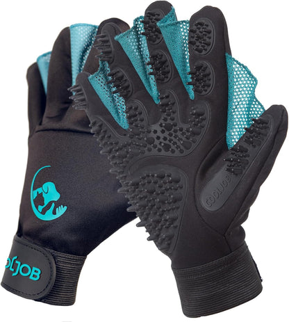 COOLJOB Patented Pet Grooming Gloves with Web, Reusable Washable Cleaning Brush Massage Hair Remover for Short Long Haired Dog Cat Horse Animal, Washing Bathing Shedding Supplies, Small, Blue Black