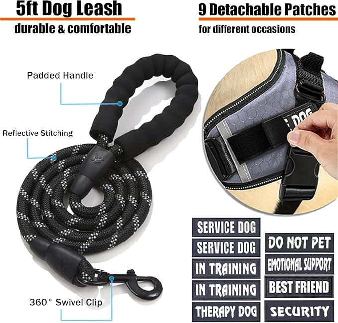 Service Dog Vest, 9 Dog Patches No Pull Dog Harness and Leash Set with Handle,Easy On and Off Pet Vest Harness with Night Safe Reflective Straps for Small Medium Large Breed Dogs