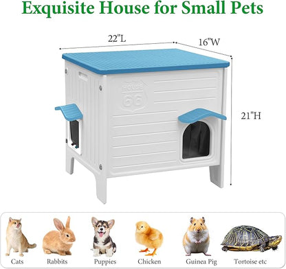 Cat House Outdoor Weatherpoof Plastic Cats Houses with Escape Door Indoor Waterproof Feral/Pet Cat Shelter Outside for Puppy, Rabbit(Blue)