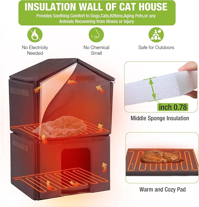 GUTINNEEN Outdoor Heated Cat House, 2-Story Weatherproof Feral Cat Shelter with Escape Doors, Removable Pad & Heating Mat for Winter(AIR94-Heated)