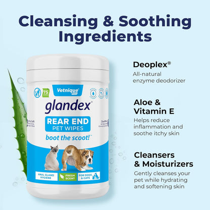 Vetnique Glandex Dog Wipes for Pets Cleansing & Deodorizing Anal Gland Hygienic Dog & Cat Wipes with Vitamin E, Skin Conditioners and Aloe (75ct)