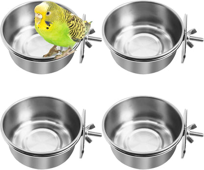 kathson 4 Pack Bird Feeding Dish Cups, Stainless Steel Parrot Feeders Water Cage Bowls with Clamp Holder Bird Feeders for Parakeet Cockatiels Conure Budgies Lovebird Finch and Small Animals