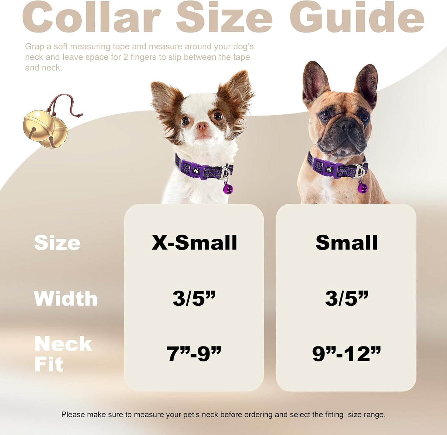 Reflective Dog Collar with Bell - Adjustable Nylon Puppy Collar for Small Dogs, Chihuahua Pomeranian - Night Safety (Purple XS)