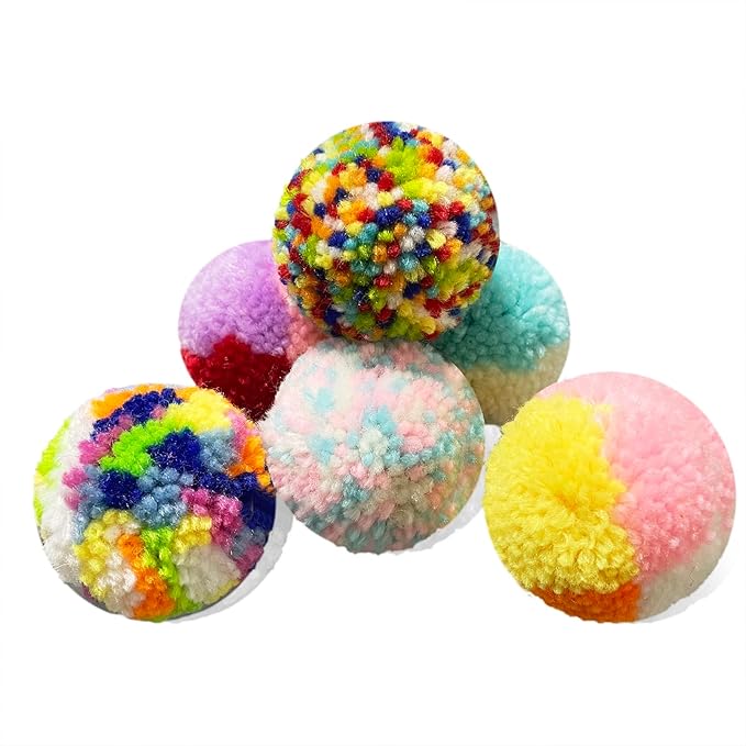 Assorted Color cat Toys for Indoor Cats, Woolen Yarn Puffs Pom Balls Interactive Kitten Chasing Toys Cat Chase Balls (6PCS)