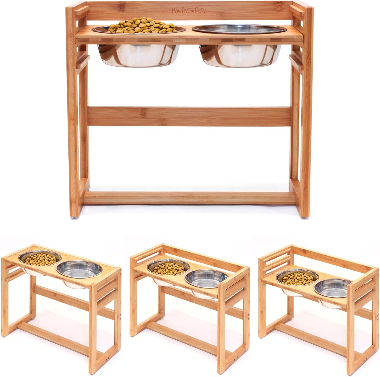 Adjustable Height Elevated Dog Bowls for Large Dogs- 12”, 14”, or 16” Tall with Four Stainless Steel Dog Bowls by Pawfect Pets