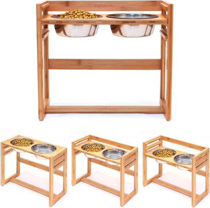 Adjustable Height Elevated Dog Bowls for Large Dogs- 12”, 14”, or 16” Tall with Four Stainless Steel Dog Bowls by Pawfect Pets