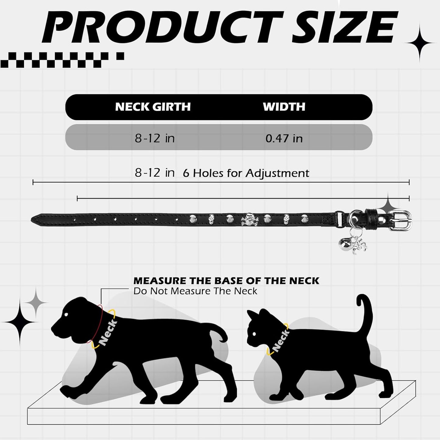 EXPAWLORER Halloween Cat Collar for Girl Boy- Adjustable Leather Pet Collar with Safety Elastic Belt,Personalized Punk Accessories Buckle Collars with Bell & Durable D-Ring, Rivet (Black)