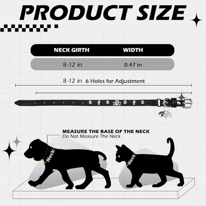 EXPAWLORER Halloween Cat Collar for Girl Boy- Adjustable Leather Pet Collar with Safety Elastic Belt,Personalized Punk Accessories Buckle Collars with Bell & Durable D-Ring, Rivet (Black)