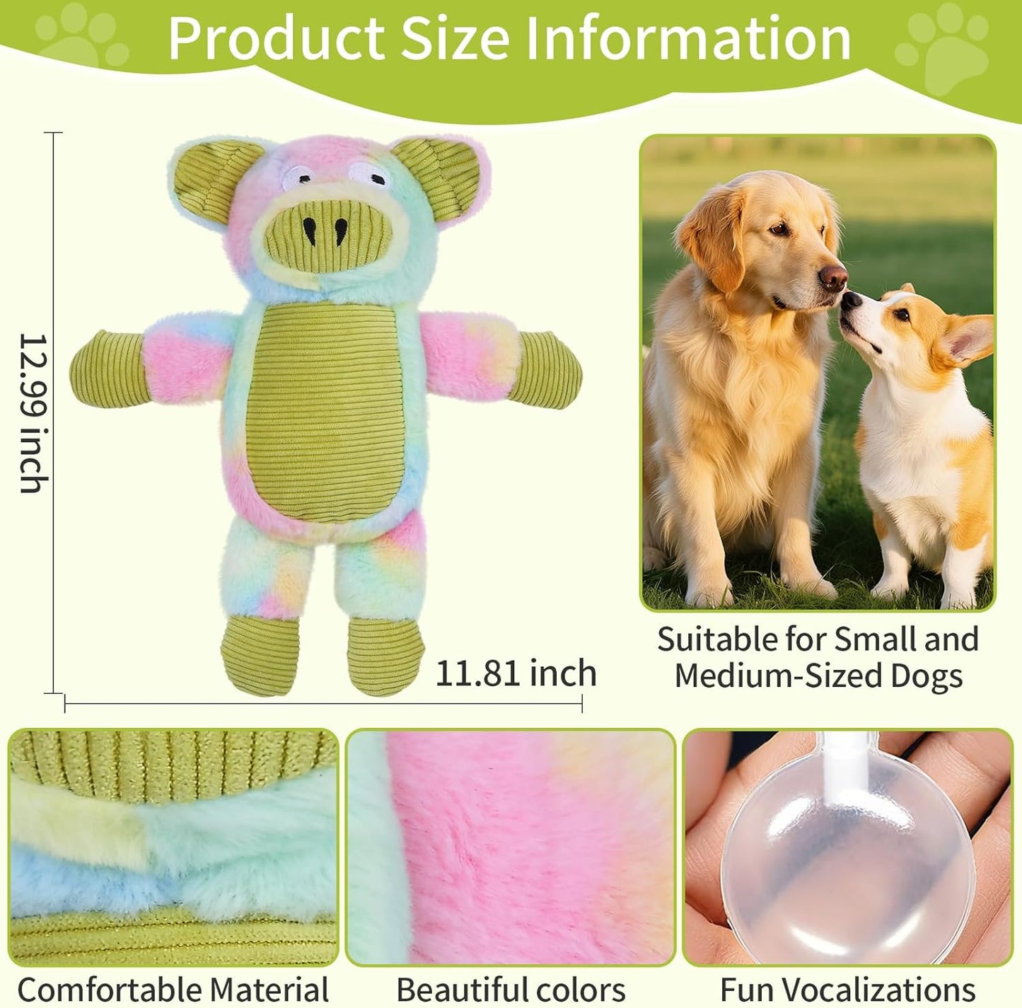 Dog Toys Plush, Squeaky Stuffed Dog Toy, Rainbow Pig Dog Toys for Small Medium Breeds, Soft Dog Plush Toy, Puppy Teething Dog Toy, Interactive Dogs Toy for Indoor Dogs(Green)