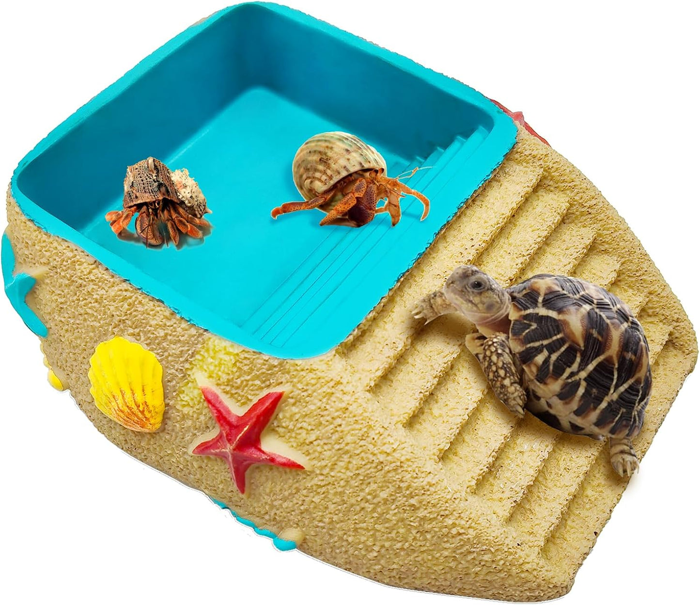 Tortoise Water Bowl,Reptile Water Dish,Resin Bearded Dragon Feeding Bowl with Ramp, Hermit Crab Bathing Pool, Lizard Food Dish Terrarium Decor for Turtle,Gecko,Chameleon,Frog(L)