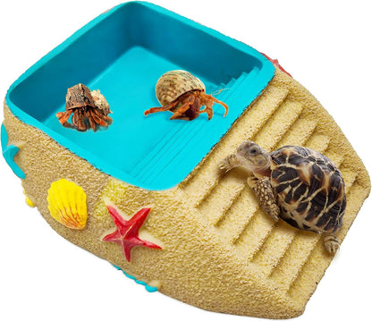 Tortoise Water Bowl,Reptile Water Dish,Resin Bearded Dragon Feeding Bowl with Ramp, Hermit Crab Bathing Pool, Lizard Food Dish Terrarium Decor for Turtle,Gecko,Chameleon,Frog(L)