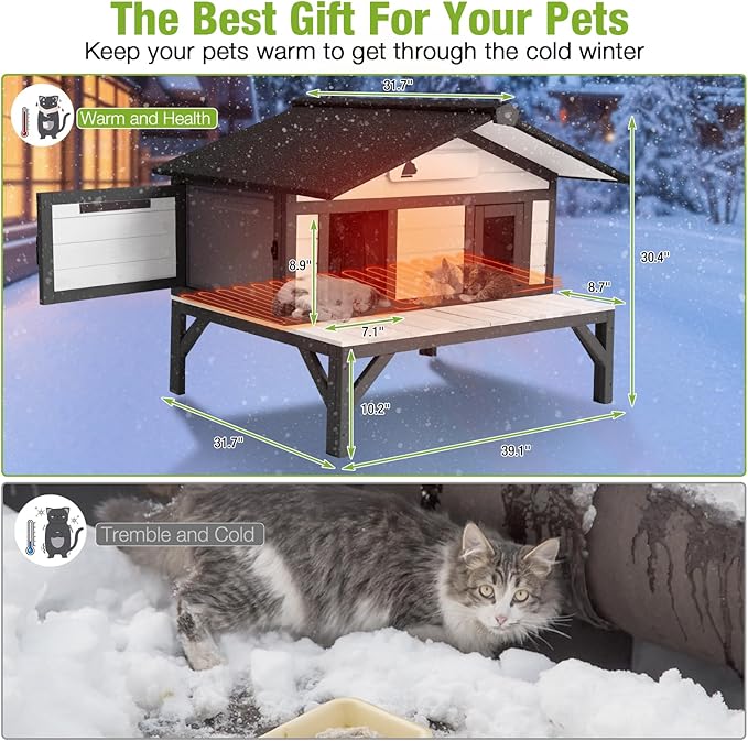 GUTINNEEN Heated Outdoor Cat House Insulated Feral Cat Shelter Weatherproof for Winter with Heater and Insulated Liner, 39.1" L x 31.7" W x 30.4" H, White and Black