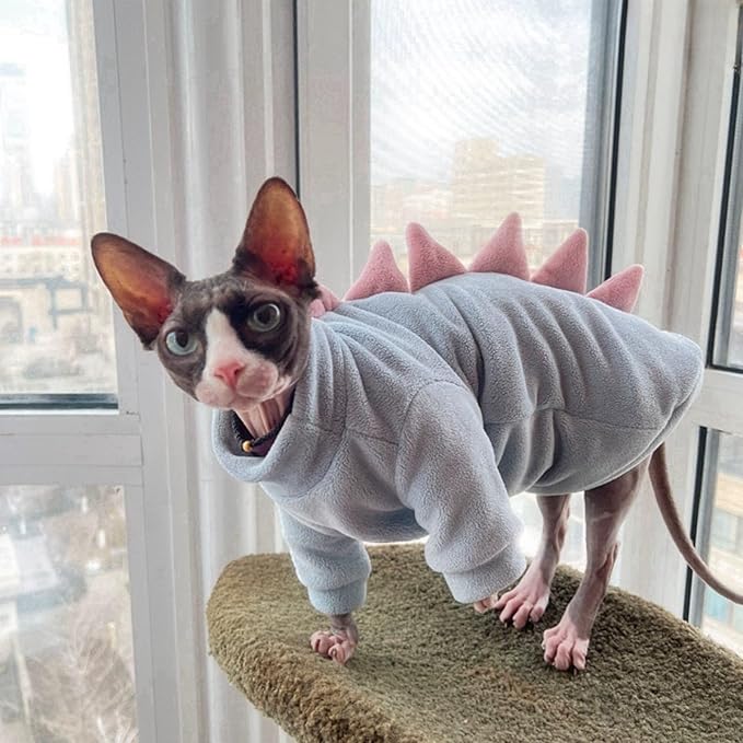 Dinosaur Sphynx Cat Clothes, Soft Polar Fleece Sweater for Cat, Elastic Pet Clothes Thick Winter Warm Outfit for Hairless Cat, Devon, Cornish, Small Dogs Apparel with Sleeves (Sky Blue, Small)