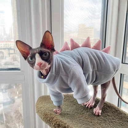 Dinosaur Sphynx Cat Clothes, Soft Polar Fleece Sweater for Cat, Elastic Pet Clothes Thick Winter Warm Outfit for Hairless Cat, Devon, Cornish, Small Dogs Apparel with Sleeves (Sky Blue, Large)