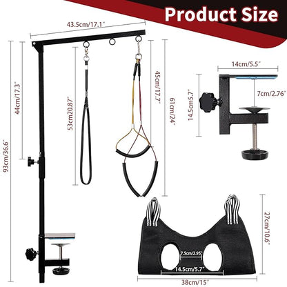 Dog Grooming Table Arm with Hammock - Adjustable Height, Pet Grooming Hammock, No Sit Haunch Holders, Loop Noose Heavy-Duty Clamp (Black)