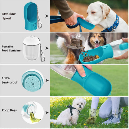 20oz Dog Water Bottle with Food Container & Poop Bag Dispenser | Leak-Proof Portable Pet Water Dispenser with Carabiner Clip | for Walking, Hiking, Travel (Cyan, 20oz)