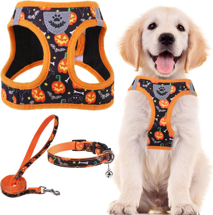 PUPTECK Adjustable Dog Harness Collar and Leash Set Step in No Pull Pet Harness for Small Medium Dogs Puppy and Cats Outdoor Walking Running, Soft Mesh Padded Reflective Vest Harnesses, Halloween, M