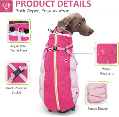 Dog Winter Coat with Harness, Dog Jacket, Pet Clothes with Zipper on Back, Waterproof Windproof Warm Vest, Reflective Cold Weather Coats, for Small Medium Large Dogs, Thick, Pink, XL