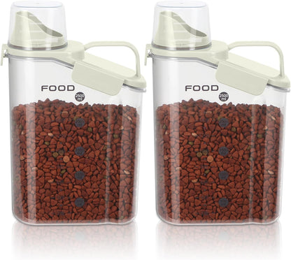3-5 LBS Dog Food Storage Container Upgraded Large Nozzle BPA-free, Plastic Pet Food Storage Containers, With 4 Sealed Clasps, 1 Measuring Cup and Handle (2,Beige, 3L)