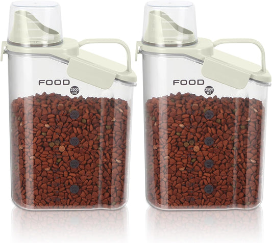 3-5 LBS Dog Food Storage Container Upgraded Large Nozzle BPA-free, Plastic Pet Food Storage Containers, With 4 Sealed Clasps, 1 Measuring Cup and Handle (2,Beige, 3L)