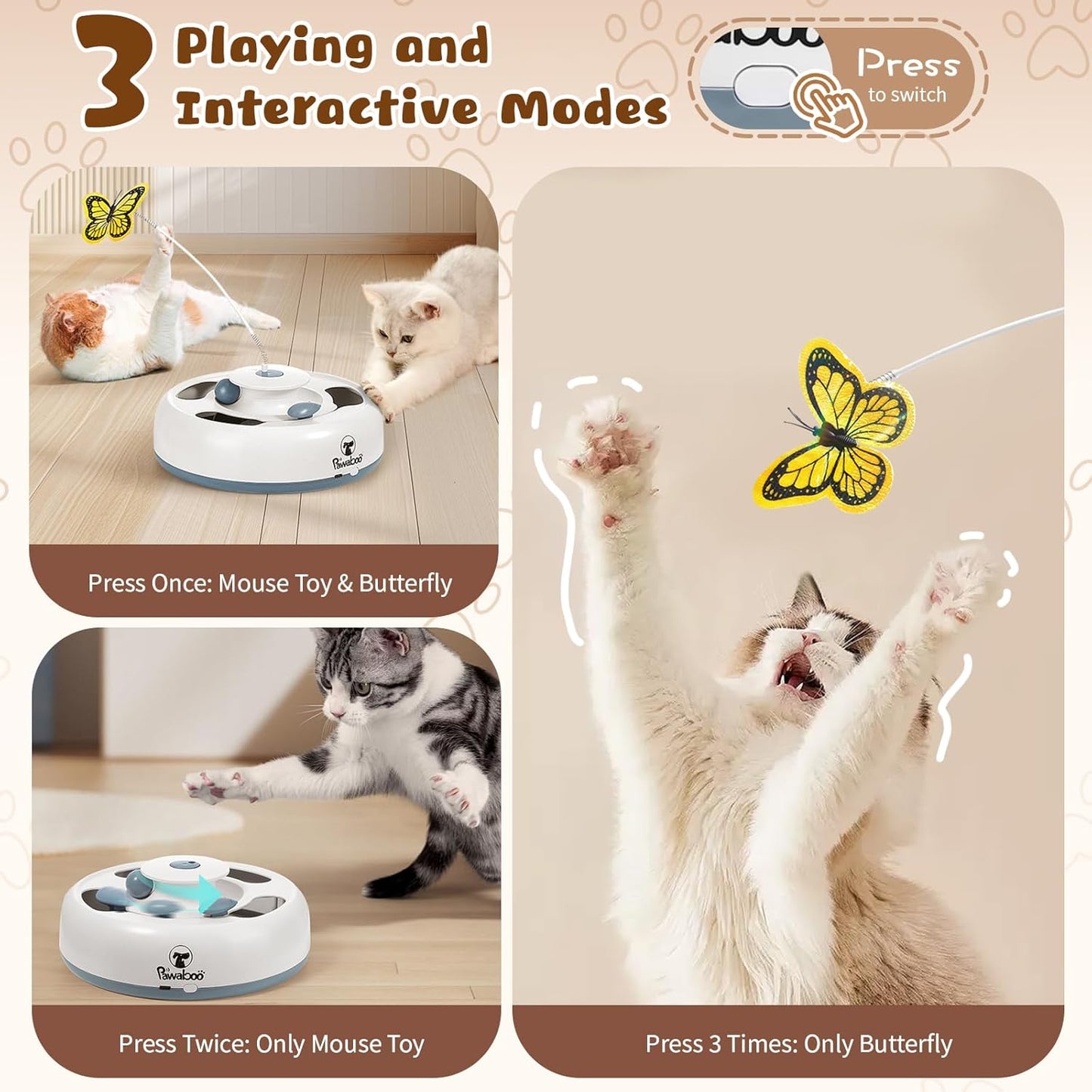Pawaboo 3-in-1 Automatic Interactive Cat Toy, Electronic Motion Kitten Toy with Fluttering Butterfly Teasers, Track Ball & Random Hide Mouse, USB Rechargeable Cat Teaser Mouse Toys for Indoor Kitties